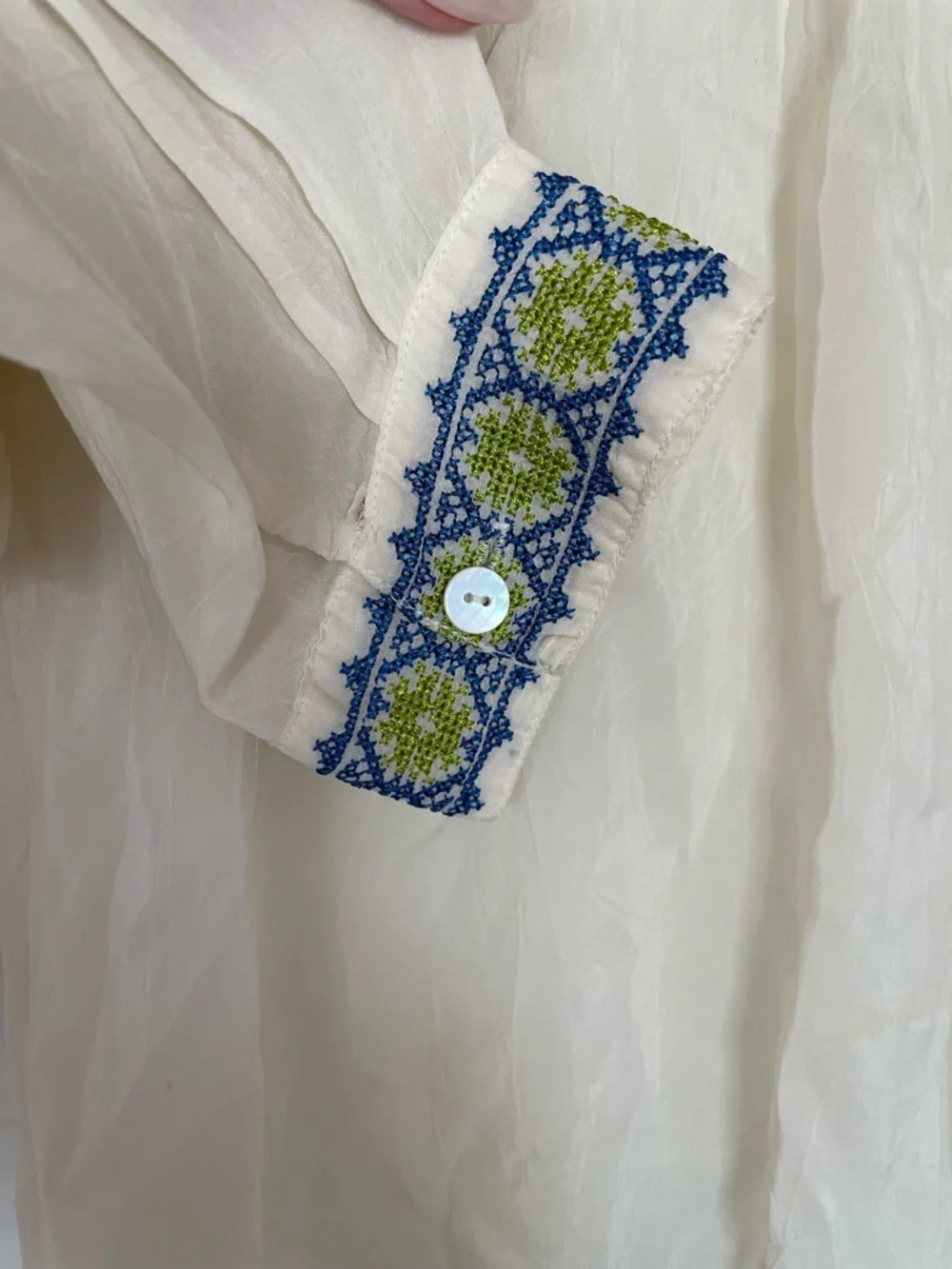 Johnny Was Cream Embroidered V-Neck, Pintuck Peasant Blouse, Small - Picture 3 of 7